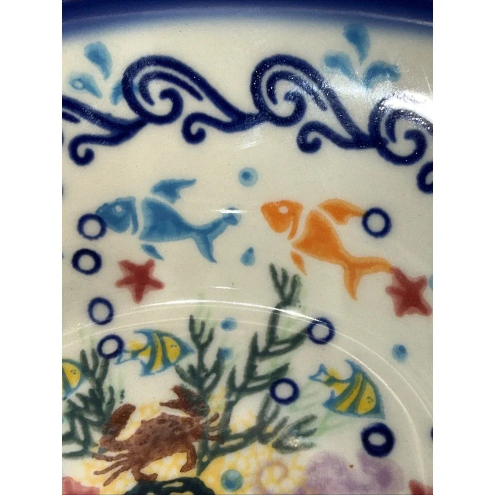 Boleslawiec Polish Pottery Bowl Marine Hand Made UNIKAT Green & Blue Poland